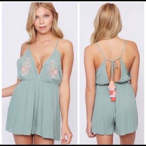Sage embroidered tassel romper